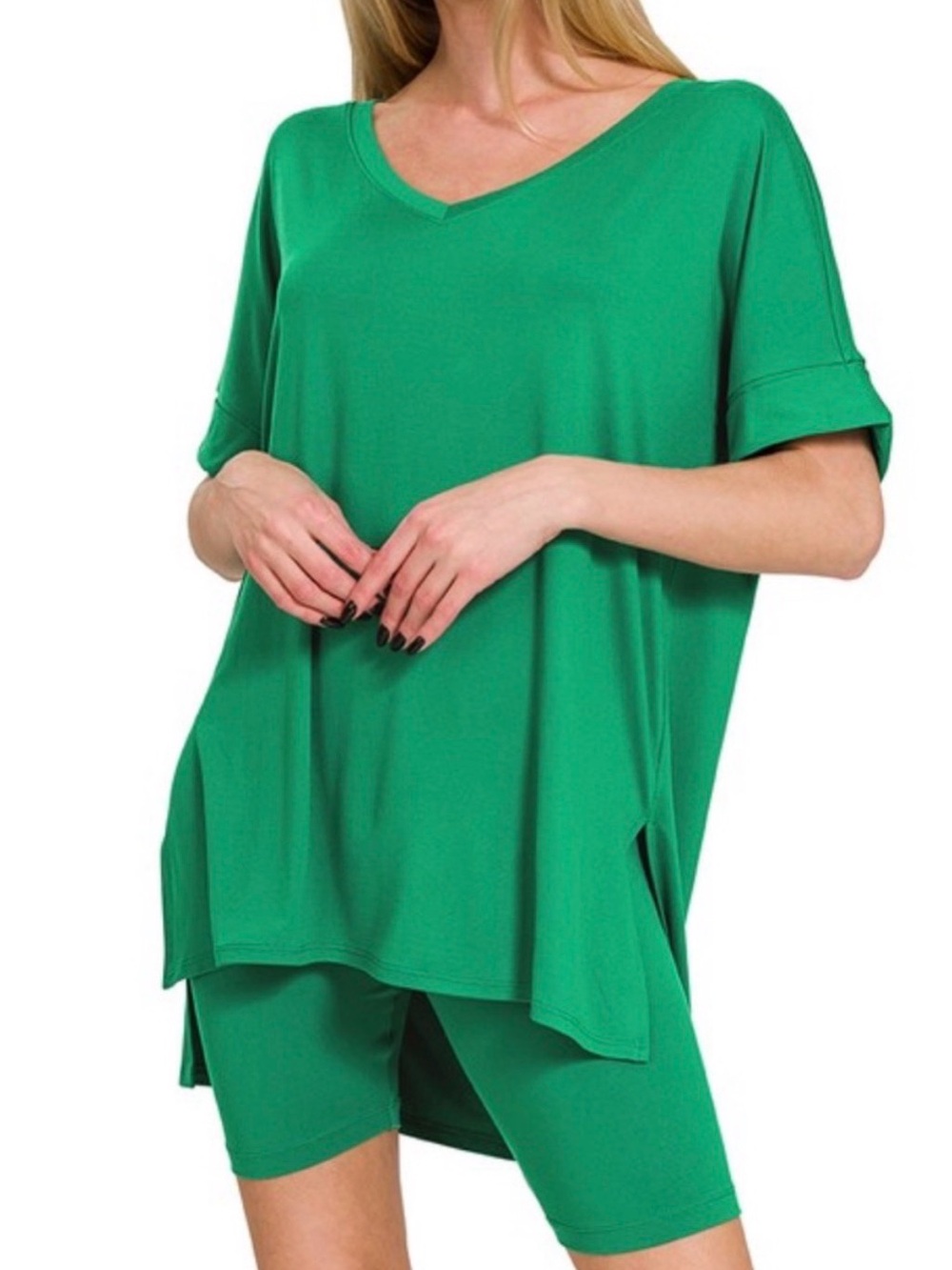 Zenana Outfitters V-Neck Tunic and Bike Shorts Set in Green